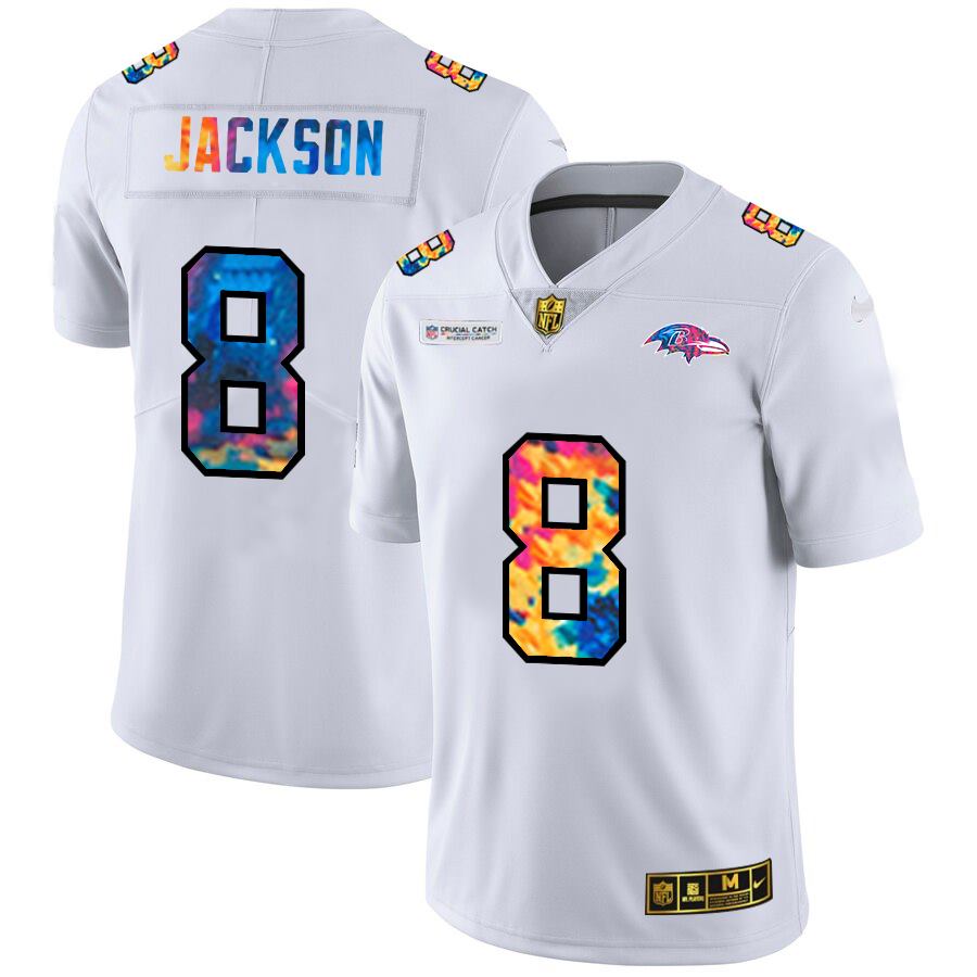 Men's Baltimore Ravens #8 Lamar Jackson 2020 White Crucial Catch Limited Stitched Jersey